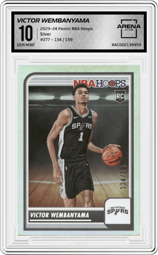 Victor Wembanyama from the 2023-24 Panini NBA Hoops set featuring a Silver parallel graded by Arena Club and given an overall grade of 10.