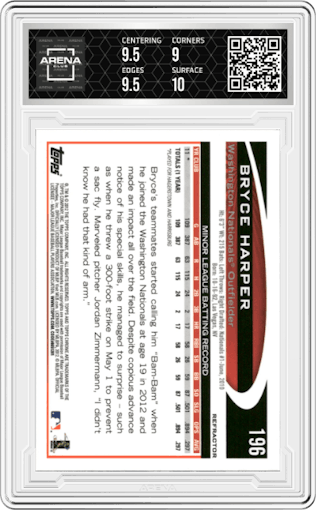 Bryce Harper from the 2012 Topps Chrome set featuring a Orange Refractor parallel graded by Arena Club and given an overall grade of 9.5.