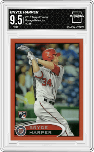 Bryce Harper from the 2012 Topps Chrome set featuring a Orange Refractor parallel graded by Arena Club and given an overall grade of 9.5.