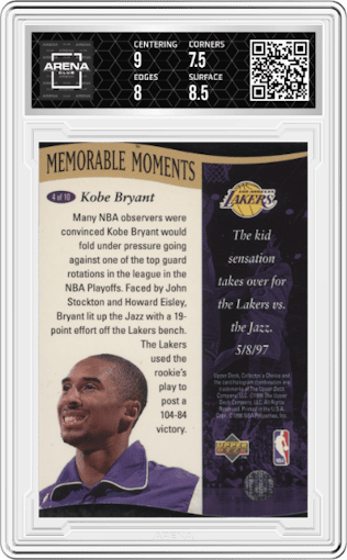 Kobe Bryant from the 1997-98 Upper Deck Collector's Choice set graded by Arena Club and given an overall grade of 8.
