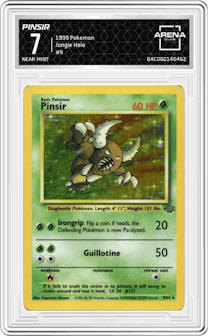 Pinsir from the 1999 Pokemon set graded by Arena Club and given an overall grade of 7.
