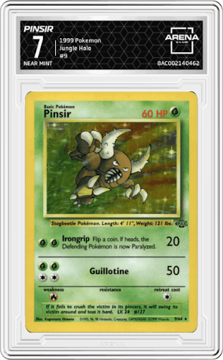 Pinsir from the 1999 Pokemon set graded by Arena Club and given an overall grade of 7.
