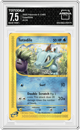 Totodile from the 2002 Pokemon E-CARD set graded by Arena Club and given an overall grade of 7.5.