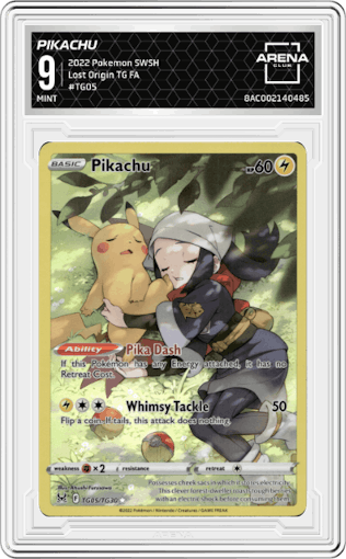 Pikachu from the 2022 Pokemon SWSH set graded by Arena Club and given an overall grade of 9.