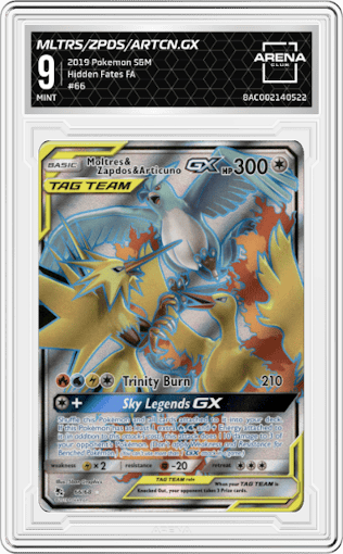 Moltres/Zapdos/Articuno GX from the 2019 Pokemon S&M  set graded by Arena Club and given an overall grade of 9.
