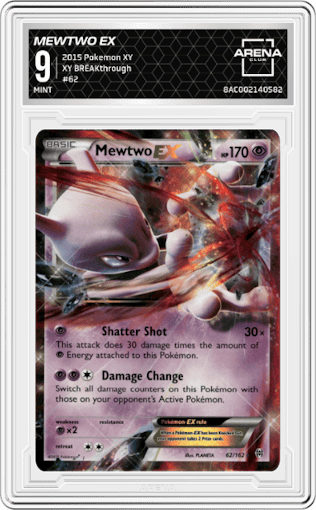 Mewtwo EX from the 2015 Pokemon XY set graded by Arena Club and given an overall grade of 9.
