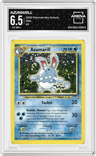 Azumarill from the 2000 Pokemon Neo Genesis set graded by Arena Club and given an overall grade of 6.5.
