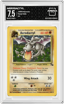 Aerodactyl from the 1999 Pokemon set graded by Arena Club and given an overall grade of 7.5.