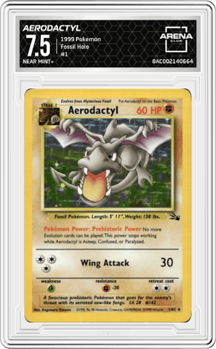 Aerodactyl from the 1999 Pokemon set graded by Arena Club and given an overall grade of 7.5.
