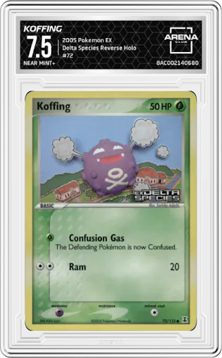 Koffing from the 2005 Pokemon EX set graded by Arena Club and given an overall grade of 7.5.