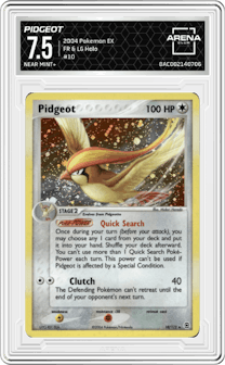 Pidgeot from the 2004 Pokemon EX set graded by Arena Club and given an overall grade of 7.5.