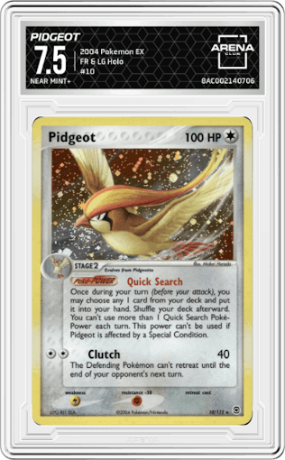 Pidgeot from the 2004 Pokemon EX set graded by Arena Club and given an overall grade of 7.5.