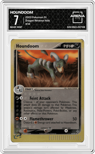Houndoom from the 2003 Pokemon EX set graded by Arena Club and given an overall grade of 7.