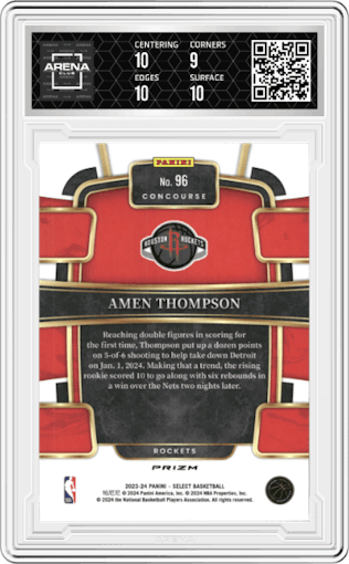 Amen Thompson from the 2023-24 Panini Select  set featuring a Red Cracked Ice parallel graded by Arena Club and given an overall grade of 9.5.