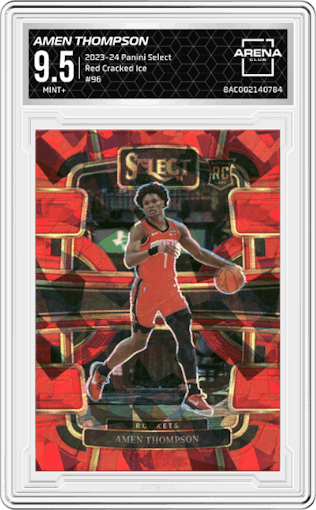 Amen Thompson from the 2023-24 Panini Select  set featuring a Red Cracked Ice parallel graded by Arena Club and given an overall grade of 9.5.