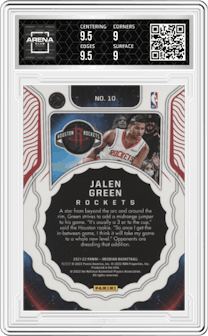 Jalen Green from the 2021-22 Panini Obsidian set featuring a Electric Etch Red Flood parallel graded by Arena Club and given an overall grade of 9.5.
