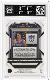 Keegan Murray from the 2022-23 Panini Prizm  set featuring a Pulsar parallel graded by Arena Club and given an overall grade of 9.5.
