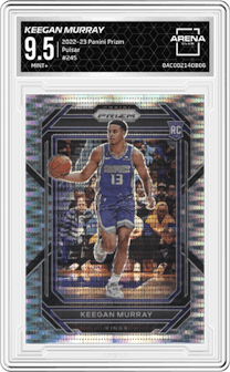 Keegan Murray from the 2022-23 Panini Prizm  set featuring a Pulsar parallel graded by Arena Club and given an overall grade of 9.5.