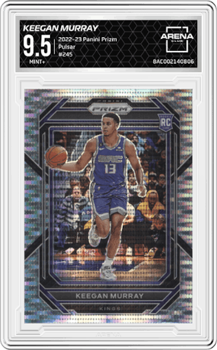 Keegan Murray from the 2022-23 Panini Prizm  set featuring a Pulsar parallel graded by Arena Club and given an overall grade of 9.5.
