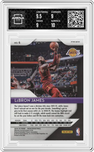 LeBron James from the 2018-19 Panini Prizm set featuring a Silver Prizm parallel graded by Arena Club and given an overall grade of 9.5.