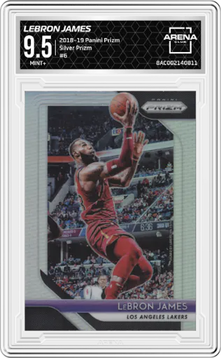 LeBron James from the 2018-19 Panini Prizm set featuring a Silver Prizm parallel graded by Arena Club and given an overall grade of 9.5.