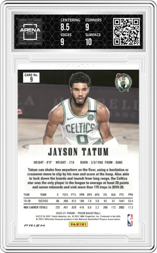 Jayson Tatum from the 2020-21 Panini Prizm set featuring a Silver Prizm parallel graded by Arena Club and given an overall grade of 9.