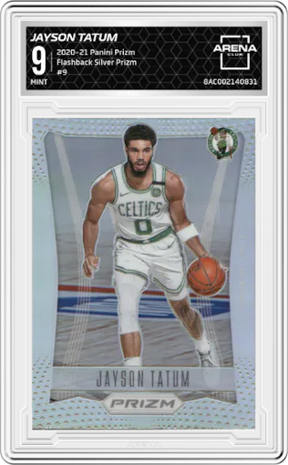 Jayson Tatum from the 2020-21 Panini Prizm set featuring a Silver Prizm parallel graded by Arena Club and given an overall grade of 9.