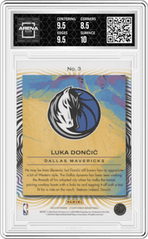 Luka Doncic from the 2023-24 Panini Court Kings set graded by Arena Club and given an overall grade of 9.