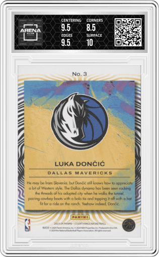 Luka Doncic from the 2023-24 Panini Court Kings set graded by Arena Club and given an overall grade of 9.