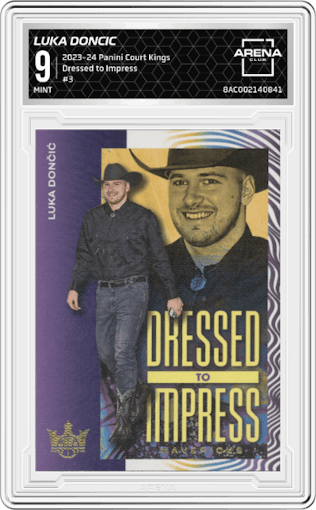 Luka Doncic from the 2023-24 Panini Court Kings set graded by Arena Club and given an overall grade of 9.