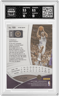 Carmelo Anthony from the 2020-21 Panini Spectra set featuring a Asia Blue Orange parallel graded by Arena Club and given an overall grade of 9.