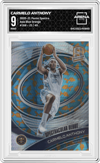 Carmelo Anthony from the 2020-21 Panini Spectra set featuring a Asia Blue Orange parallel graded by Arena Club and given an overall grade of 9.