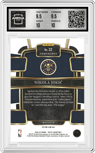 Nikola Jokic from the 2023-24 Panini Select  set featuring a Neon Green Prizm parallel graded by Arena Club and given an overall grade of 10.
