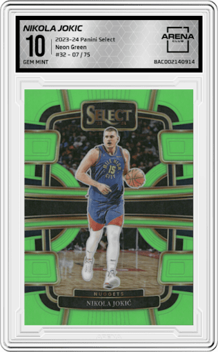 Nikola Jokic from the 2023-24 Panini Select  set featuring a Neon Green Prizm parallel graded by Arena Club and given an overall grade of 10.