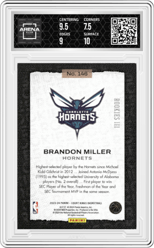 Brandon Miller from the 2023-24 Panini Court Kings set graded by Arena Club and given an overall grade of 8.