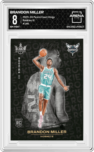 Brandon Miller from the 2023-24 Panini Court Kings set graded by Arena Club and given an overall grade of 8.