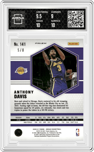 Anthony Davis from the 2020-21 Panini Mosaic set featuring a Lucky Envelopes parallel graded by Arena Club and given an overall grade of 9.5.