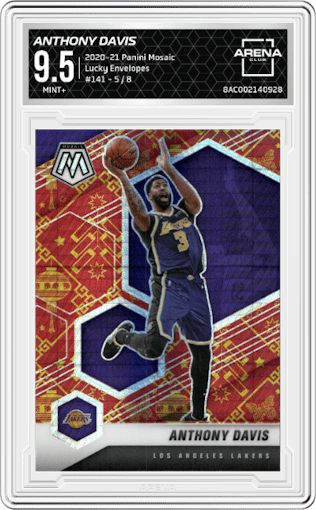 Anthony Davis from the 2020-21 Panini Mosaic set featuring a Lucky Envelopes parallel graded by Arena Club and given an overall grade of 9.5.