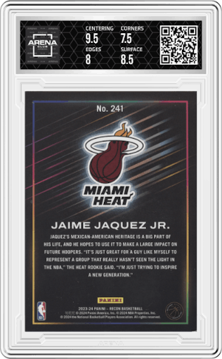 Jaime Jaquez Jr. from the 2023-24 Panini Recon set featuring a Red Holo parallel graded by Arena Club and given an overall grade of 8.