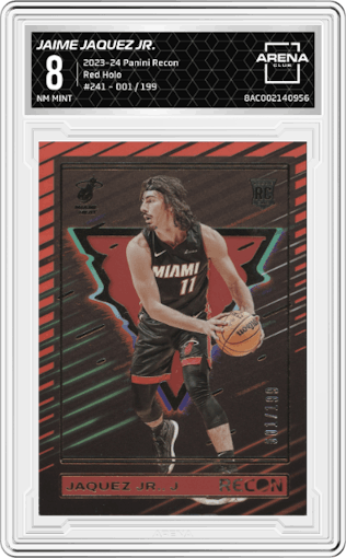Jaime Jaquez Jr. from the 2023-24 Panini Recon set featuring a Red Holo parallel graded by Arena Club and given an overall grade of 8.