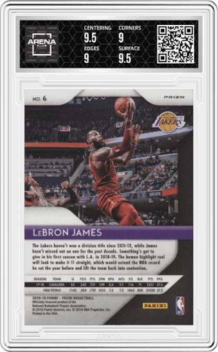 LeBron James from the 2018-19 Panini Prizm set featuring a Silver Prizm parallel graded by Arena Club and given an overall grade of 9.5.