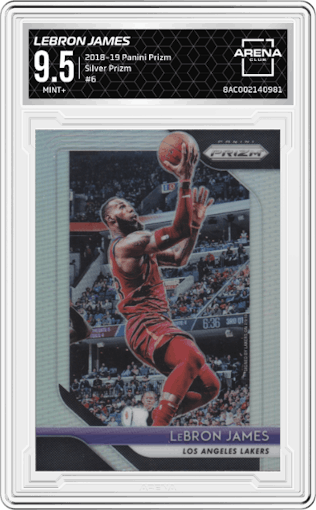 LeBron James from the 2018-19 Panini Prizm set featuring a Silver Prizm parallel graded by Arena Club and given an overall grade of 9.5.