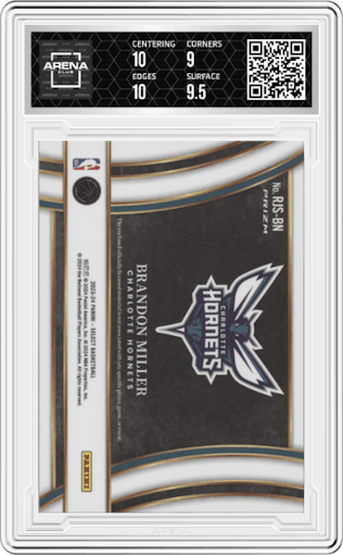 Brandon Miller from the 2023-24 Panini Select  set graded by Arena Club and given an overall grade of 9.5.
