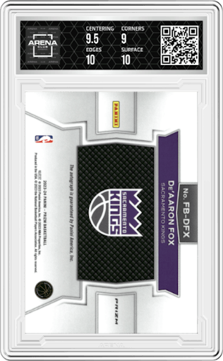 De'Aaron Fox from the 2023-24 Panini Prizm set graded by Arena Club and given an overall grade of 9.5.