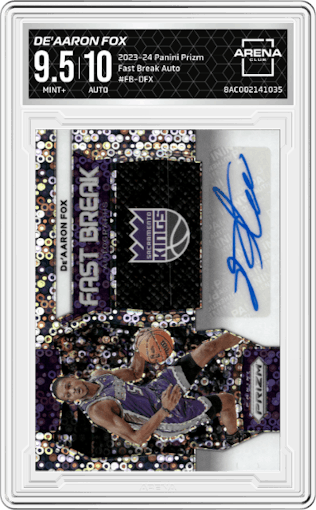 De'Aaron Fox from the 2023-24 Panini Prizm set graded by Arena Club and given an overall grade of 9.5.
