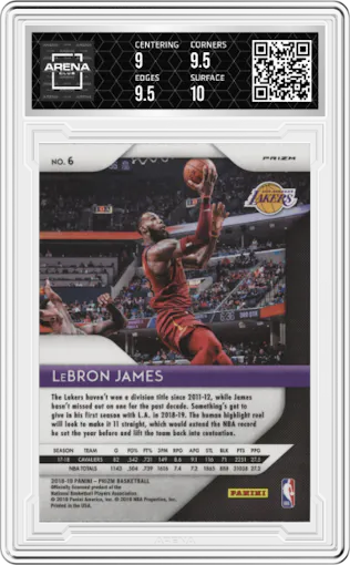 LeBron James from the 2018-19 Panini Prizm set featuring a Silver Prizm parallel graded by Arena Club and given an overall grade of 9.5.