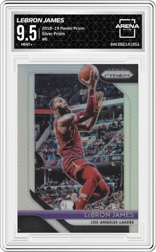 LeBron James from the 2018-19 Panini Prizm set featuring a Silver Prizm parallel graded by Arena Club and given an overall grade of 9.5.