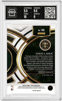 Nikola Jokic from the 2023-24 Panini Select  set featuring a Light Blue Disco parallel graded by Arena Club and given an overall grade of 9.5.