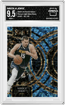 Nikola Jokic from the 2023-24 Panini Select  set featuring a Light Blue Disco parallel graded by Arena Club and given an overall grade of 9.5.
