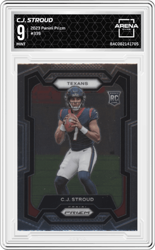 C.J. Stroud from the 2023 Panini Prizm set graded by Arena Club and given an overall grade of 9.